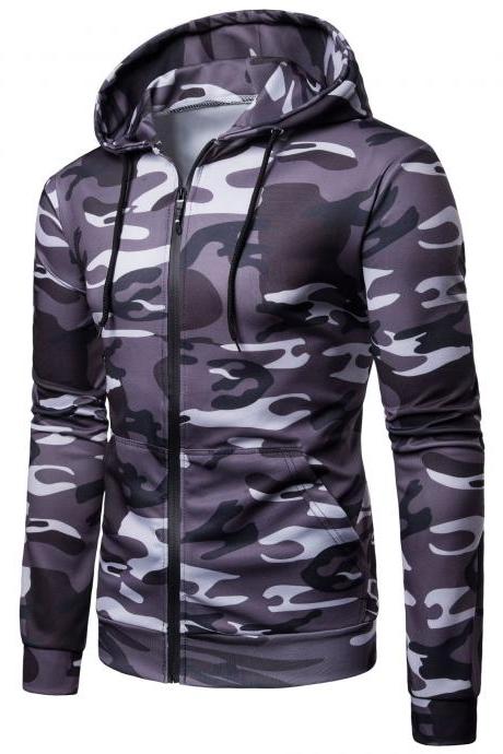 Men Camouflage Coat Spring Autumn Thin Slim Long Sleeve Zipper Hooded Jacket Windbreaker Outwear dark gray