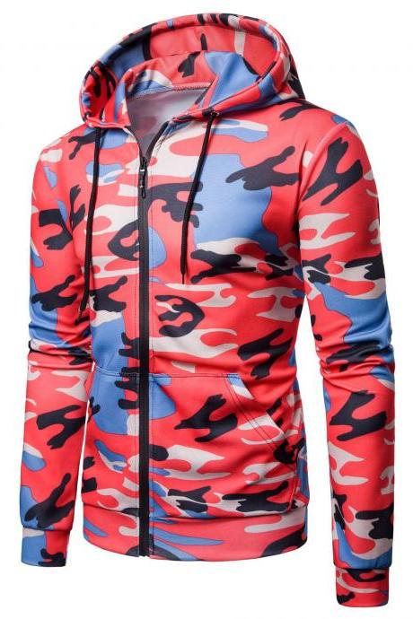  Men Camouflage Coat Spring Autumn Thin Slim Long Sleeve Zipper Hooded Jacket Windbreaker Outwear red