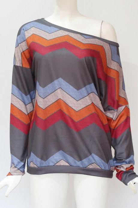 Women Long Sleeve T Shirt Spring Autumn Off Shoulder Casual Geometric Printed Pullover Tops gray