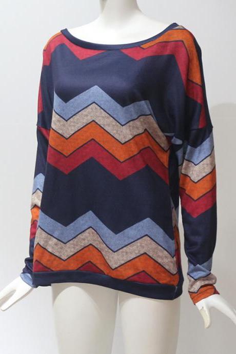 Women Long Sleeve T Shirt Spring Autumn Off Shoulder Casual Geometric Printed Pullover Tops navy blue