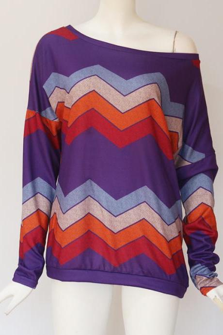 Women Long Sleeve T Shirt Spring Autumn Off Shoulder Casual Geometric Printed Pullover Tops purple