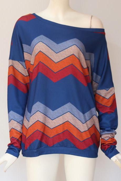 Women Long Sleeve T Shirt Spring Autumn Off Shoulder Casual Geometric Printed Pullover Tops Royal Blue