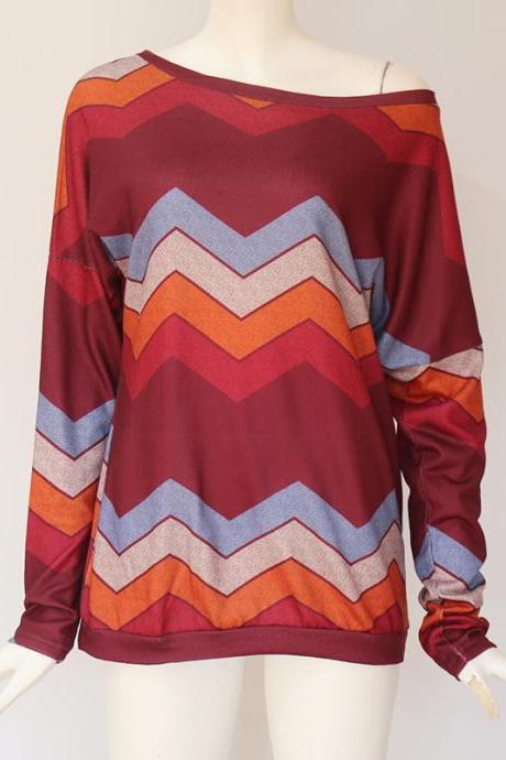 Women Long Sleeve T Shirt Spring Autumn Off Shoulder Casual Geometric Printed Pullover Tops wine red
