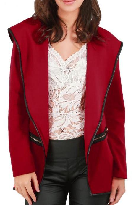 Women Woolen Coat Autumn Winter Hooded Zipper Long Sleeve Patchwork Cardigan Jacket Outerwear red