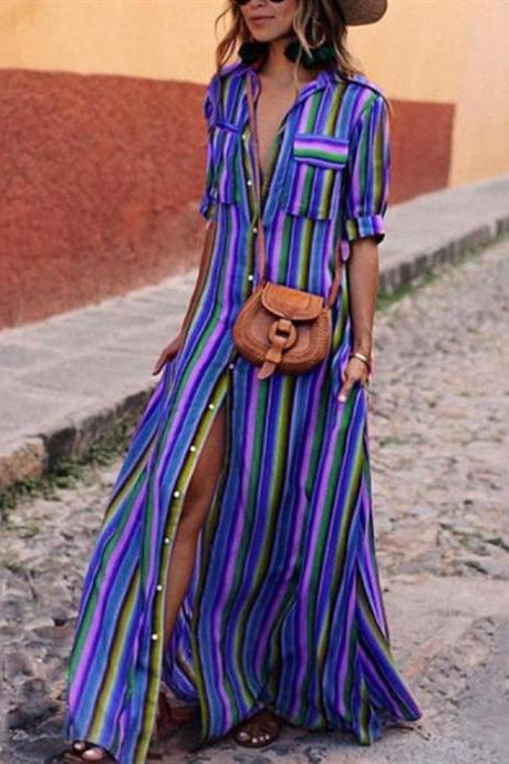  Women Striped Maxi Dress Short Sleeve Button Floor Length Streetwear Casual Long Shirt Dress royal blue