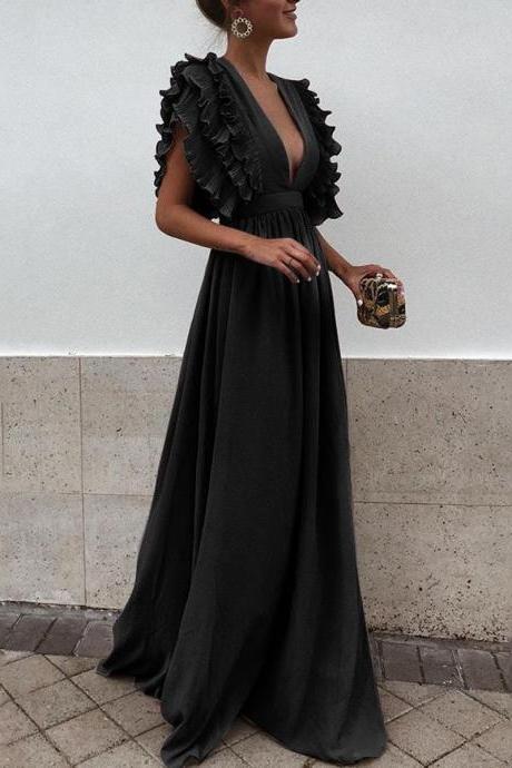  Women Maxi Dress Sexy V Neck Floor-Length Ruffles Short Sleeve Backless Long Party Dress black