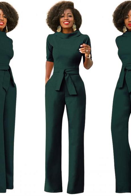  Women Jumpsuit Half Sleeve Stand Collar Belted Casual Wide Leg Pants Office Rompers Overalls hunter green