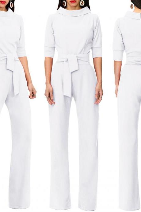  Women Jumpsuit Half Sleeve Stand Collar Belted Casual Wide Leg Pants Office Rompers Overalls off white