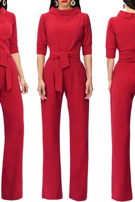 Women Jumpsuit Half Sleeve Stand Collar Belted Casual Wide Leg Pants Office Rompers Overalls red