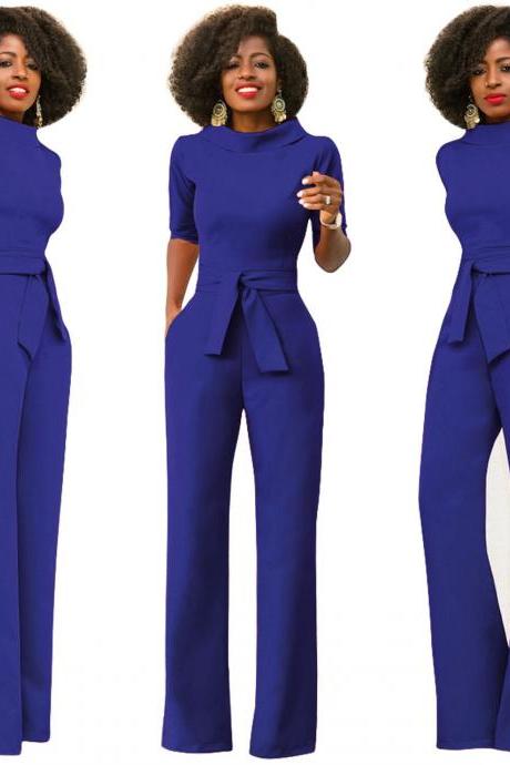  Women Jumpsuit Half Sleeve Stand Collar Belted Casual Wide Leg Pants Office Rompers Overalls royal blue