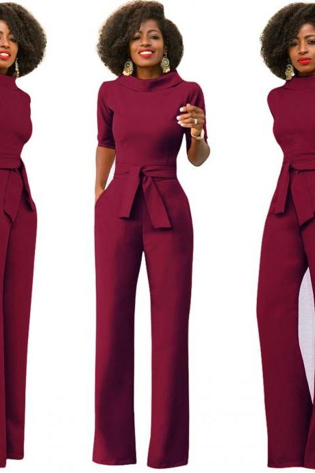  Women Jumpsuit Half Sleeve Stand Collar Belted Casual Wide Leg Pants Office Rompers Overalls wine red