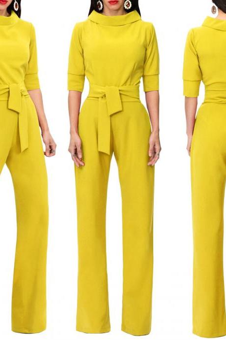  Women Jumpsuit Half Sleeve Stand Collar Belted Casual Wide Leg Pants Office Rompers Overalls yellow