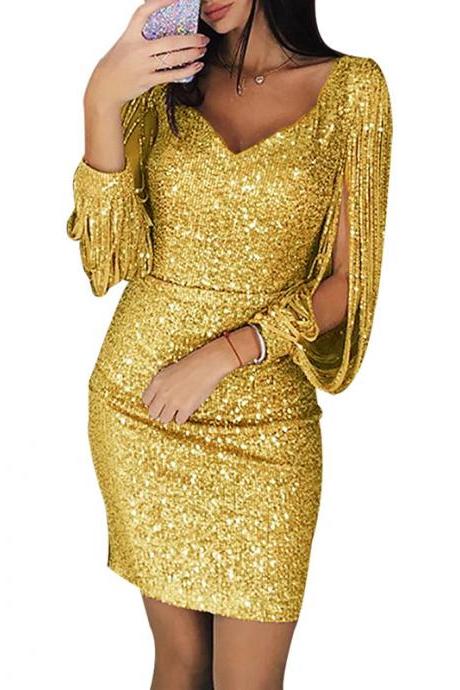 Women Sequined Bodycon Dress Sexy V-neck Long Lantern Sleeve Tassel Mini Nightclub Party Dress Gold