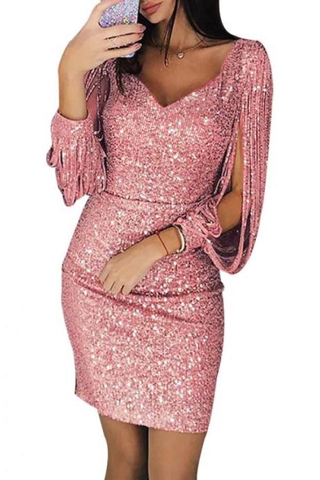 Women Sequined Bodycon Dress Sexy V-neck Long Lantern Sleeve Tassel Mini Nightclub Party Dress Pink