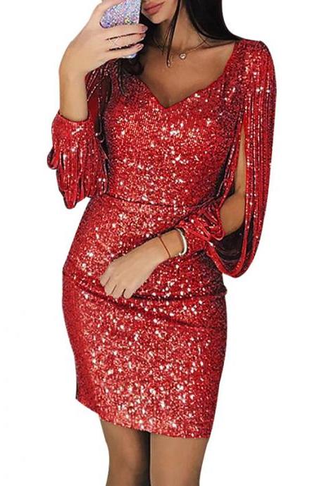 Women Sequined Bodycon Dress Sexy V-neck Long Lantern Sleeve Tassel Mini Nightclub Party Dress Red