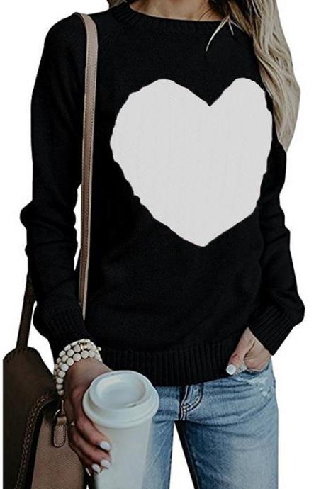  Women Knitted Sweater Autumn Winter Long Sleeve Heart Pattern Casual Loose Pullover Tops black