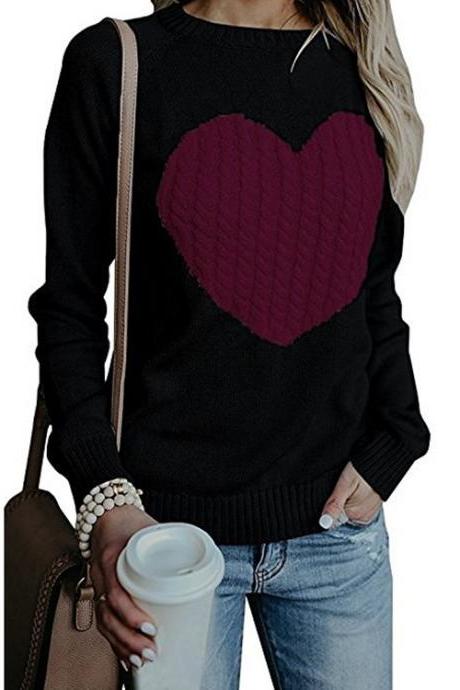 Women Knitted Sweater Autumn Winter Long Sleeve Heart Pattern Casual Loose Pullover Tops black+hot pink