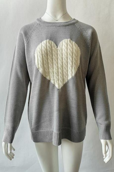  Women Knitted Sweater Autumn Winter Long Sleeve Heart Pattern Casual Loose Pullover Tops gray