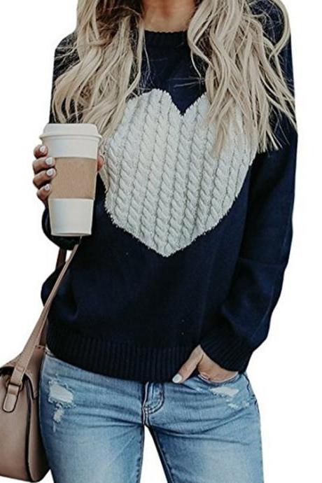 Women Knitted Sweater Autumn Winter Long Sleeve Heart Pattern Casual Loose Pullover Tops navy blue