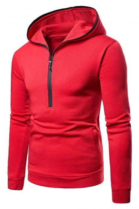 Men Hoodies Spring Autumn Male Long Sleeve Zipper Causal Slim Hooded Sweatshirt Tops Red