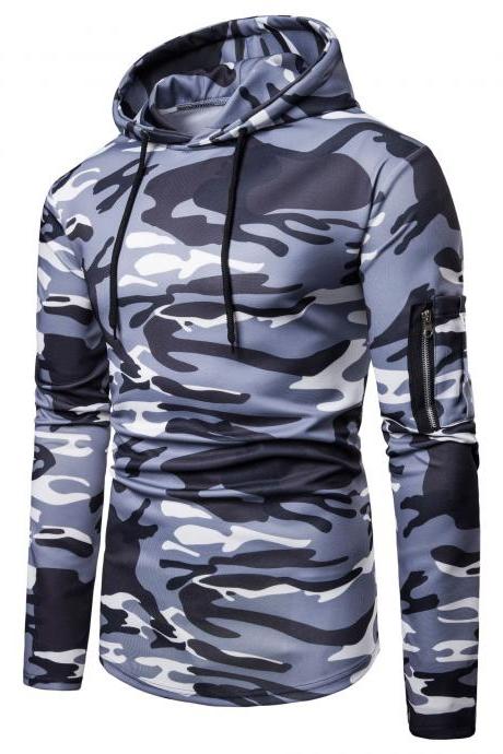 Men Camouflage Hoodies Autumn Winter Male Long Sleeve Causal Slim Hooded Sweatshirt Tops Gray