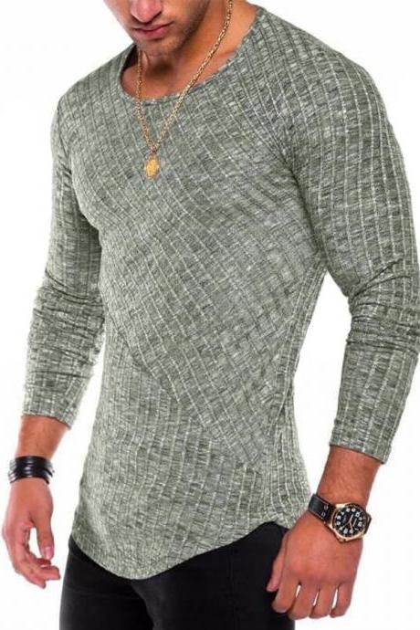Men Long Sleeve T-Shirt Spring Autumn Round Neck Casual Streetwear Slim Fit Tops green