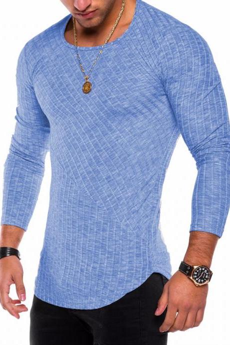 Men Long Sleeve T-Shirt Spring Autumn Round Neck Casual Streetwear Slim Fit Tops sky blue