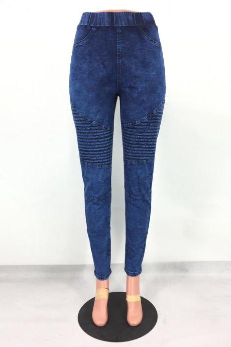  Women Denim Pants Elastic High Waist Pleasted Slim Stretch Jeans Pencil Trousers dark blue