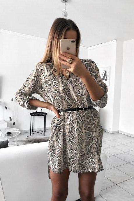 Women Shirt Dress V Neck Snake/Leopard Printed Long Sleeve Casual Loose Mini Club Party Dress 1#