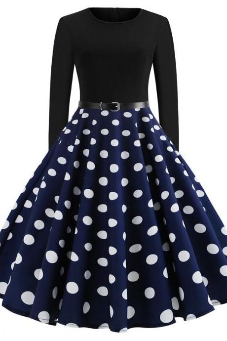 Women Polka Dot Printed Dress Long Sleeve Patchwork Slim A Line Formal Party Dress JY13106