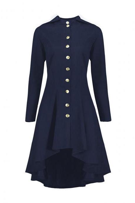 Women Asymmetrical Coat Vintage Gothic Slim Back Lace Up Hooded Button Casual Long High Low Jacket navy blue