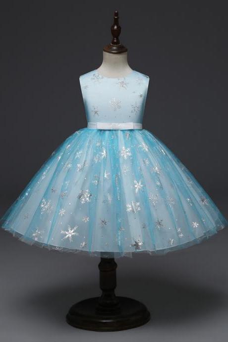 Snowflake Flower Girl Dress Princess Sleeveless Wedding Formal Party Tutu Ball Gown Children Clothes baby blue