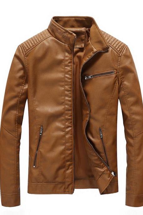 Men Faux PU Leather Jacket Fashion Casual Long Sleeve Streetwear Slim Motorcycle Coat Outwear khaki