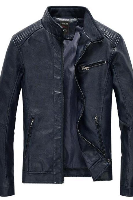 Men Faux Pu Leather Jacket Fashion Casual Long Sleeve Streetwear Slim Motorcycle Coat Outwear Navy Blue