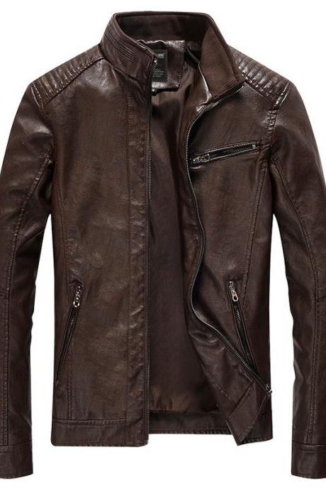 Men Faux Pu Leather Jacket Fashion Casual Long Sleeve Streetwear Slim Motorcycle Coat Outwear Coffee