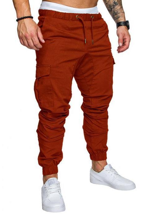 Men Pants Drawstring Waist Multi-pocket Sports Hip Hop Harem Workout Joggers Casual Trousers Brown