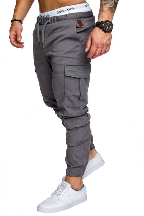 Men Pants Drawstring Waist Multi-pocket Sports Hip Hop Harem Workout Joggers Casual Trousers Gray