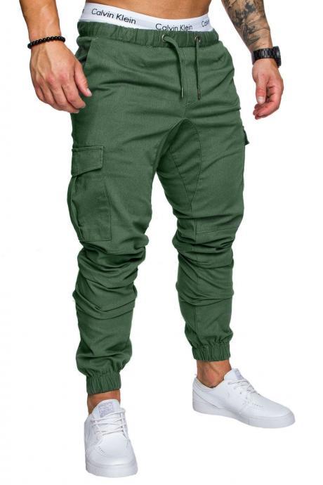Men Pants Drawstring Waist Multi-Pocket Sports Hip Hop Harem Workout Joggers Casual Trousers green