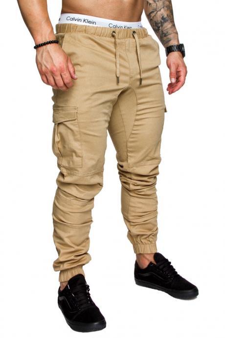 Men Pants Drawstring Waist Multi-pocket Sports Hip Hop Harem Workout Joggers Casual Trousers Khaki