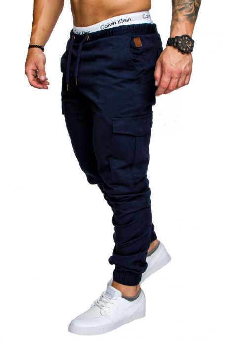 Men Pants Drawstring Waist Multi-Pocket Sports Hip Hop Harem Workout Joggers Casual Trousers navy blue
