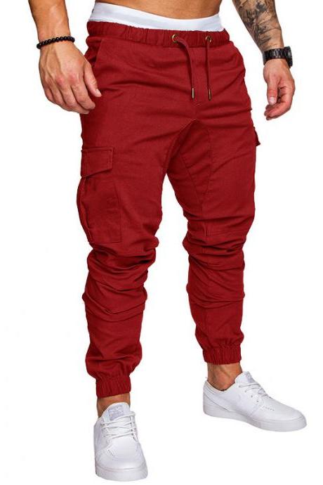 Men Pants Drawstring Waist Multi-pocket Sports Hip Hop Harem Workout Joggers Casual Trousers Red