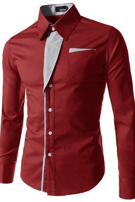 Men Shirt Spring Autumn Turn-down Collar Single Breasted Long Sleeve Casual Slim Fit Male Shirt crimson 