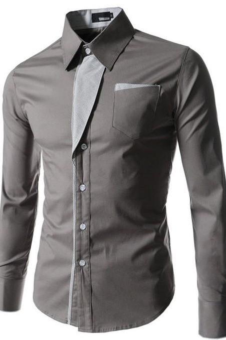 Men Shirt Spring Autumn Turn-down Collar Single Breasted Long Sleeve Casual Slim Fit Male Shirt gray