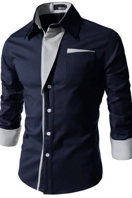  Men Shirt Spring Autumn Turn-down Collar Single Breasted Long Sleeve Casual Slim Fit Male Shirt navy blue