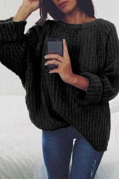 Women Knitted Sweater Autumn Winter Crew Neck Long Sleeve Casual Loose Pullover Tops Black