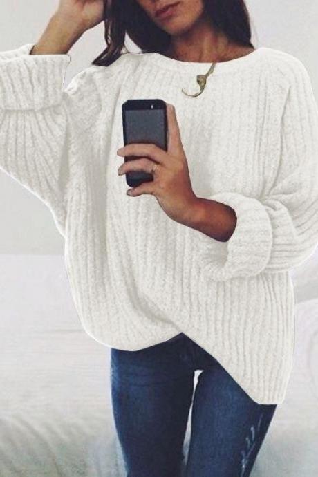 Women Knitted Sweater Autumn Winter Crew Neck Long Sleeve Casual Loose Pullover Tops Off White