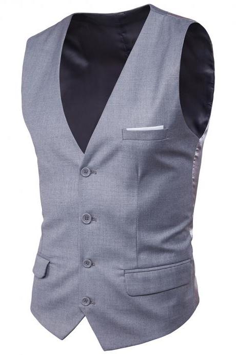 Men Suit Waistcoat Single Breasted Vest Jacket Casual Business Slim Fit Sleeveless Coat gray