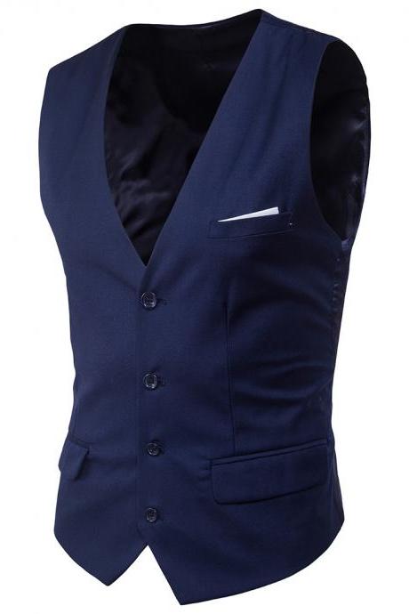 Men Suit Waistcoat Single Breasted Vest Jacket Casual Business Slim Fit Sleeveless Coat navy blue