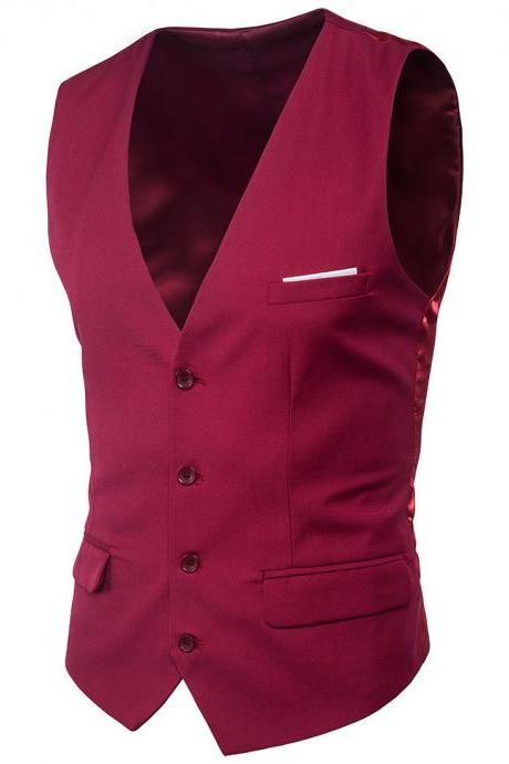 Men Suit Waistcoat Single Breasted Vest Jacket Casual Business Slim Fit Sleeveless Coat wine red