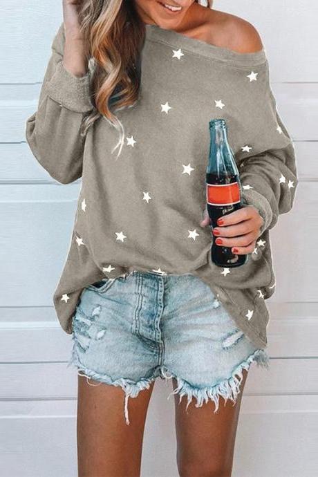  Women Long Sleeve T Shirt Spring Autumn Star Printed Casual Loose Plus Size Tops gray